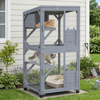 Outdoor Catio Cat House, Movable Wooden Cat Enclosure on Exercise Wheels with Resting Box, 3  Platforms, Large Kitty Cage with Waterproof Asphalt Roof for Outdoor Indoor, for 2 Kittens