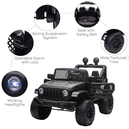 HOMCOM 12V Battery-powered 2 Motors Kids Electric Ride On Car Truck Off-road Toy with Parental Remote Control Horn Lights Suspension Wheels for 3-6 Years Old Black