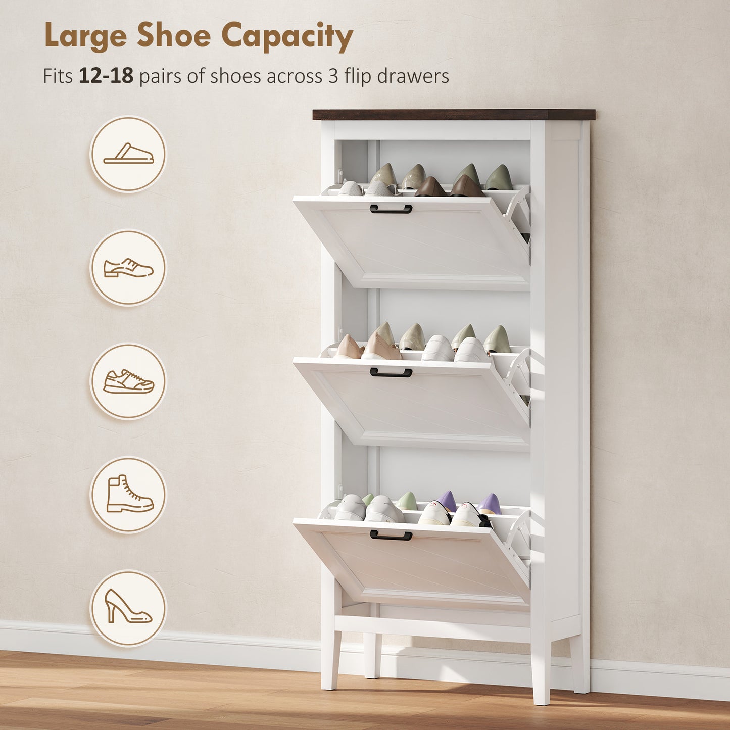 Shoe Cabinet with 3 Flip Drawers, Farmhouse Narrow Shoe Storage Cabinet with Adjustable Shelves, Freestanding for Entryway, Hallway, Living Room, Holds 12-18 Pairs, White