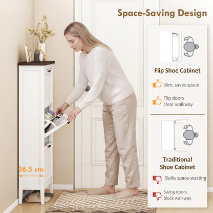 Shoe Cabinet with 3 Flip Drawers, Farmhouse Narrow Shoe Storage Cabinet with Adjustable Shelves, Freestanding for Entryway, Hallway, Living Room, Holds 12-18 Pairs, White