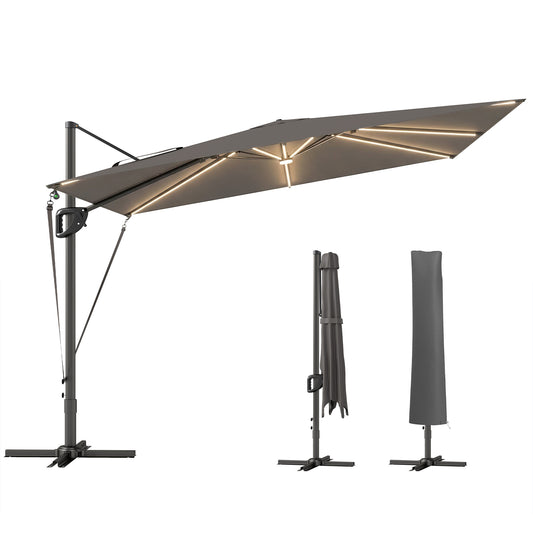 3 x 3 m Garden Cantilever Parasol w/ Light, Cover, Wind Protection