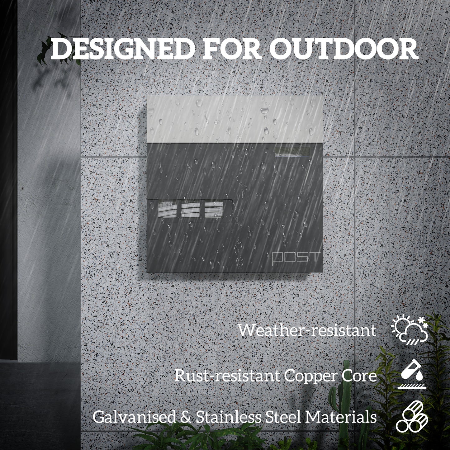 Wall Mounted Post Box, Weatherproof Letterbox with Lock, Grey
