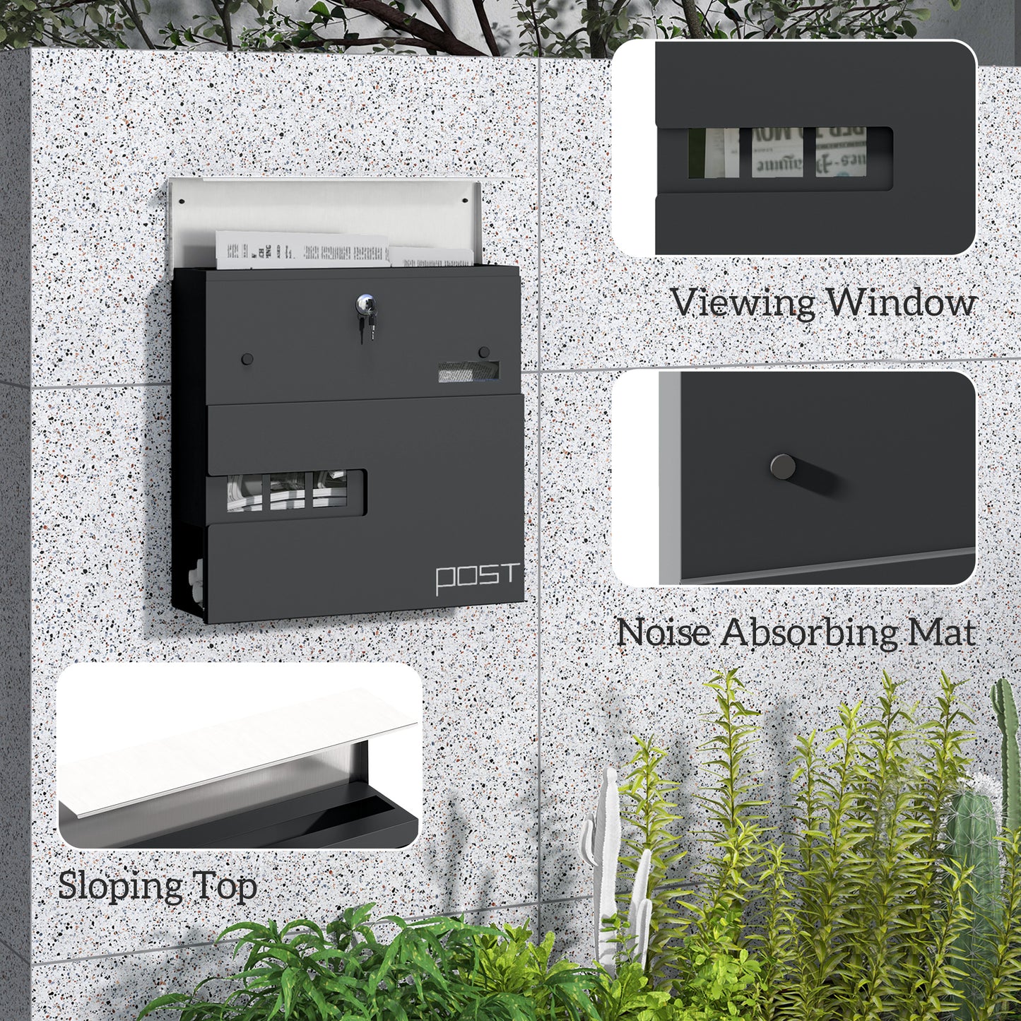 Wall Mounted Post Box, Weatherproof Letterbox with Lock, Grey