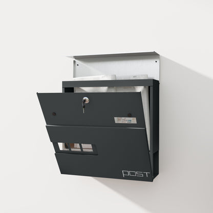 Wall Mounted Post Box, Weatherproof Letterbox with Lock, Grey