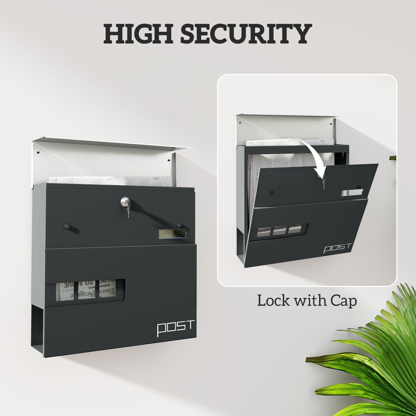 Wall Mounted Post Box, Weatherproof Letterbox with Lock, Grey