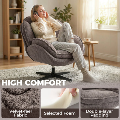 Modern Wingback Accent Chair, Velvet Armchair with Four-Star Base, S-Springs, Swivel, Grey