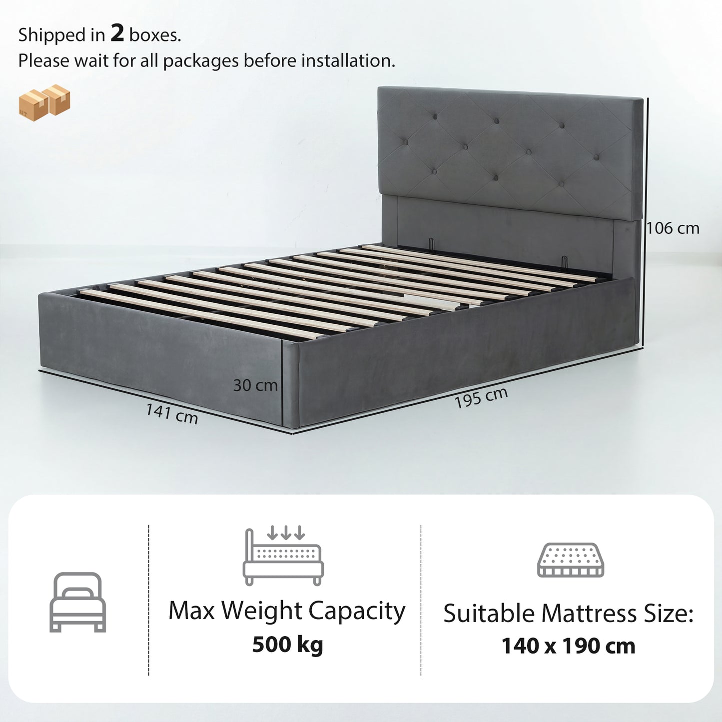 Double Bed Frame Gas Side Lift Under Bed Storage Dark Grey