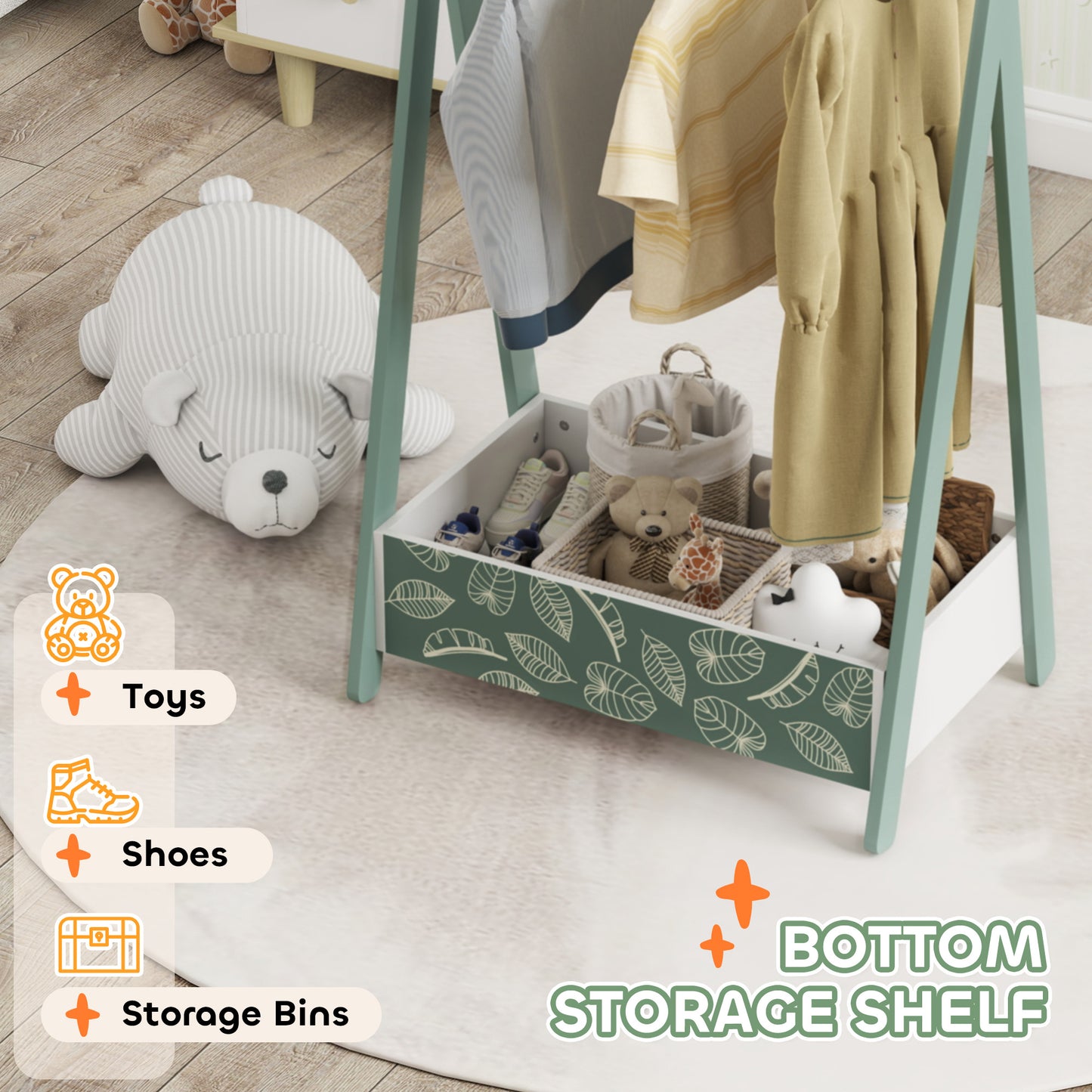 Baby Clothing Rack, Leaf Theme Kids Clothes Rail with Hangers, Storage Shelf for Bedroom, Toddler Dress Up Rail for Ages 3-6, Green