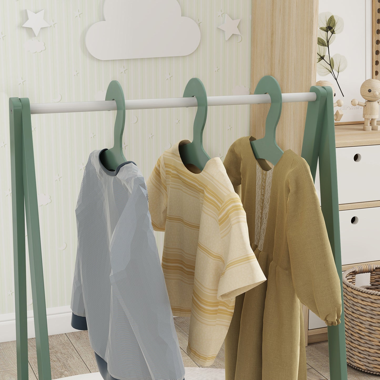 Baby Clothing Rack, Leaf Theme Kids Clothes Rail with Hangers, Storage Shelf for Bedroom, Toddler Dress Up Rail for Ages 3-6, Green