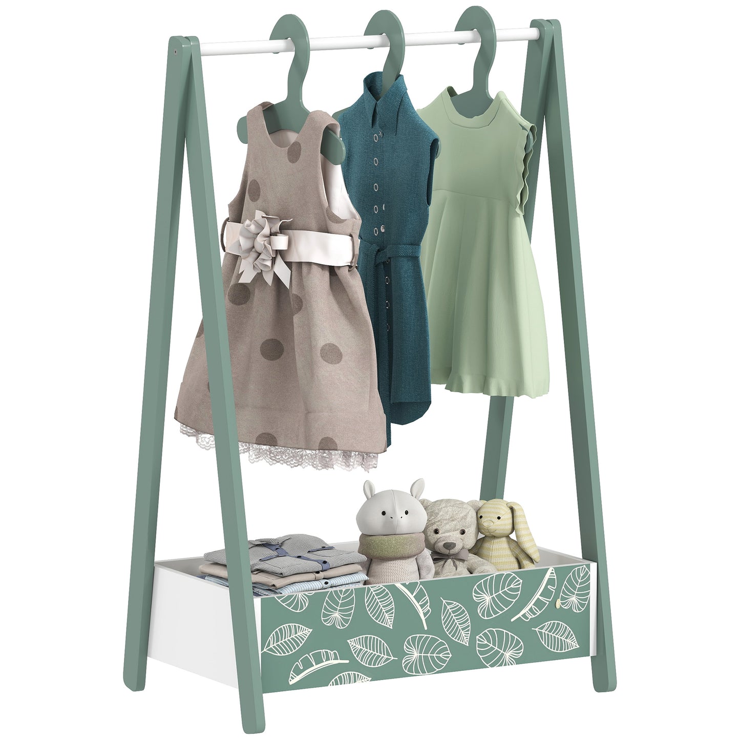 Baby Clothing Rack, Leaf Theme Kids Clothes Rail with Hangers, Storage Shelf for Bedroom, Toddler Dress Up Rail for Ages 3-6, Green