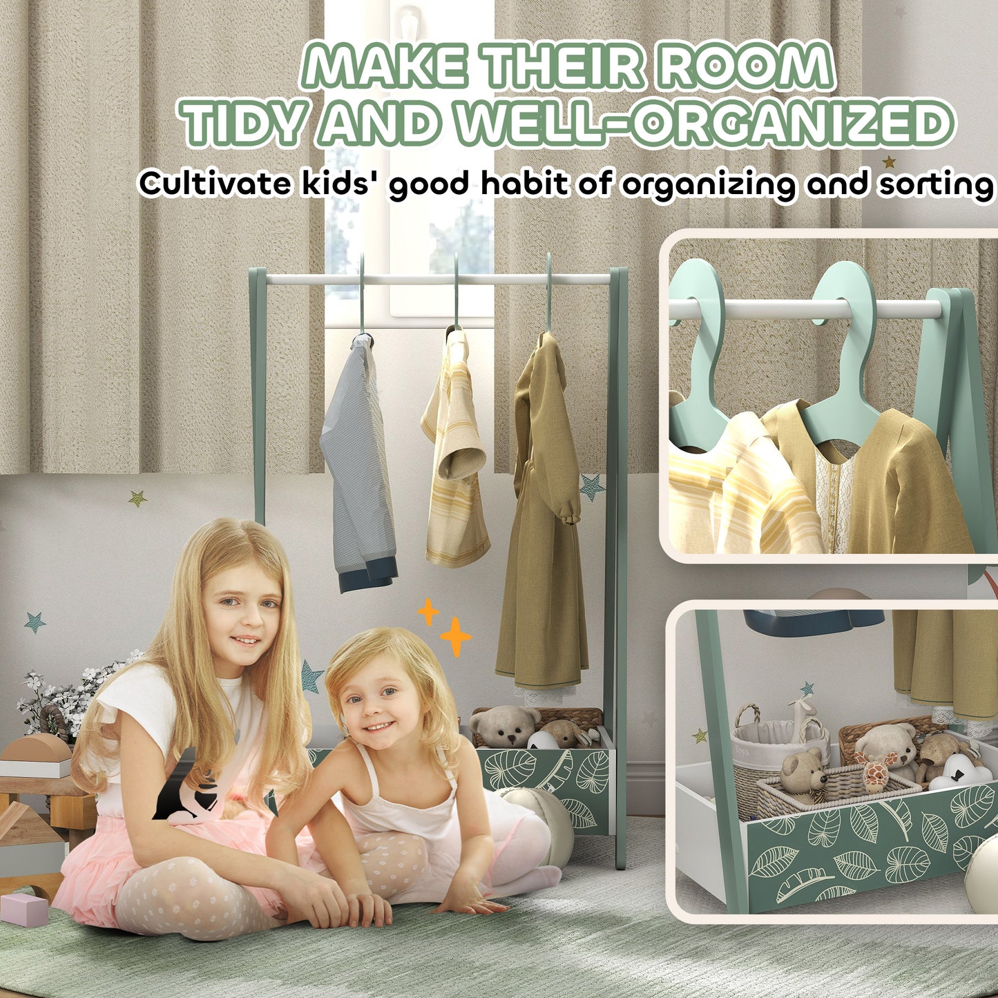 Baby Clothing Rack, Leaf Theme Kids Clothes Rail with Hangers, Storage Shelf for Bedroom, Toddler Dress Up Rail for Ages 3-6, Green