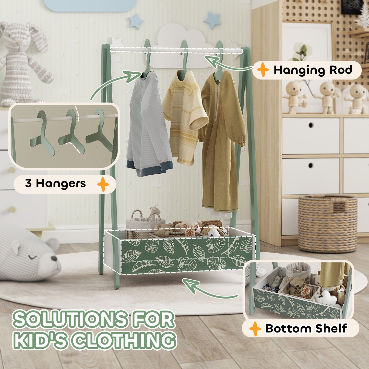 Baby Clothing Rack, Leaf Theme Kids Clothes Rail with Hangers, Storage Shelf for Bedroom, Toddler Dress Up Rail for Ages 3-6, Green