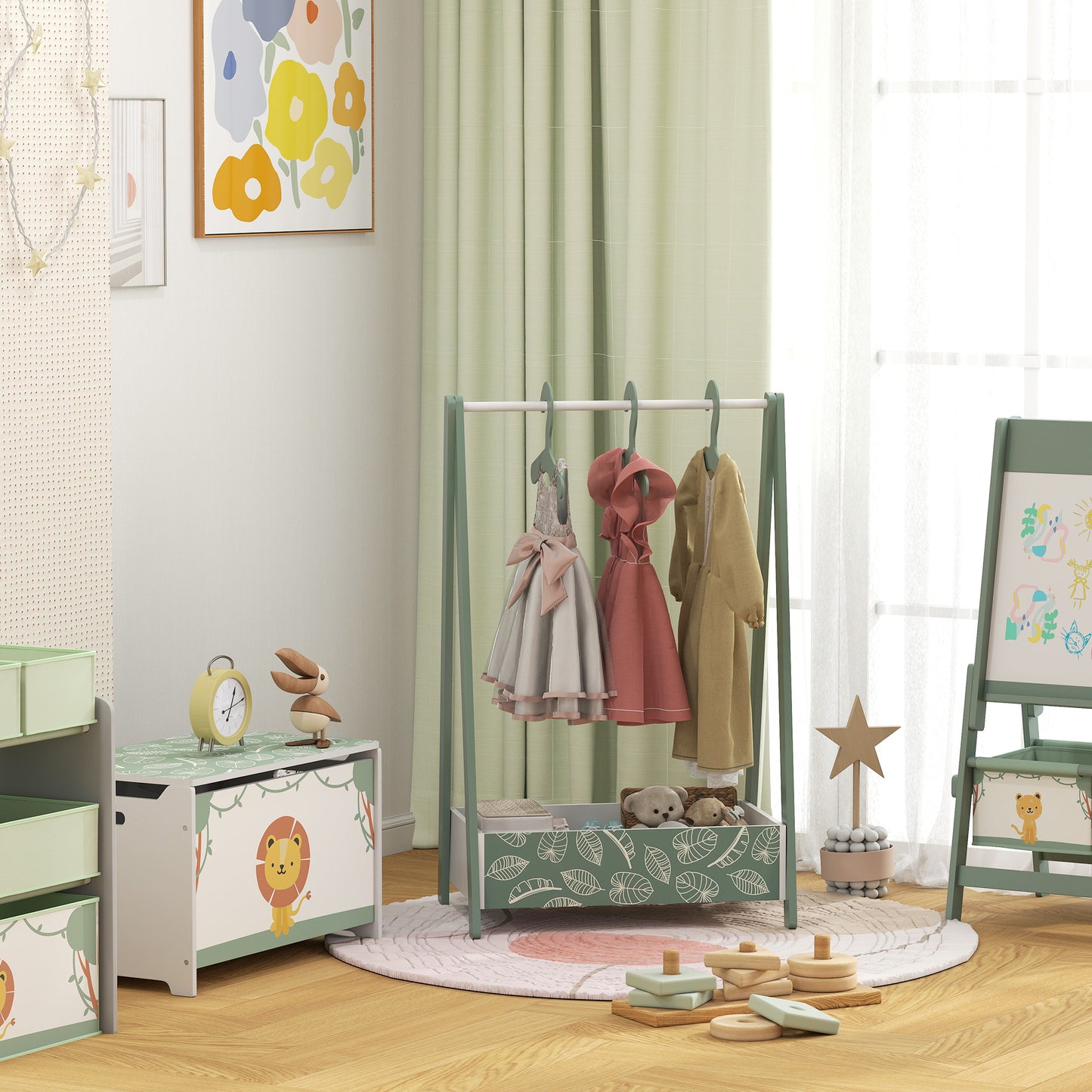 Baby Clothing Rack, Leaf Theme Kids Clothes Rail with Hangers, Storage Shelf for Bedroom, Toddler Dress Up Rail for Ages 3-6, Green