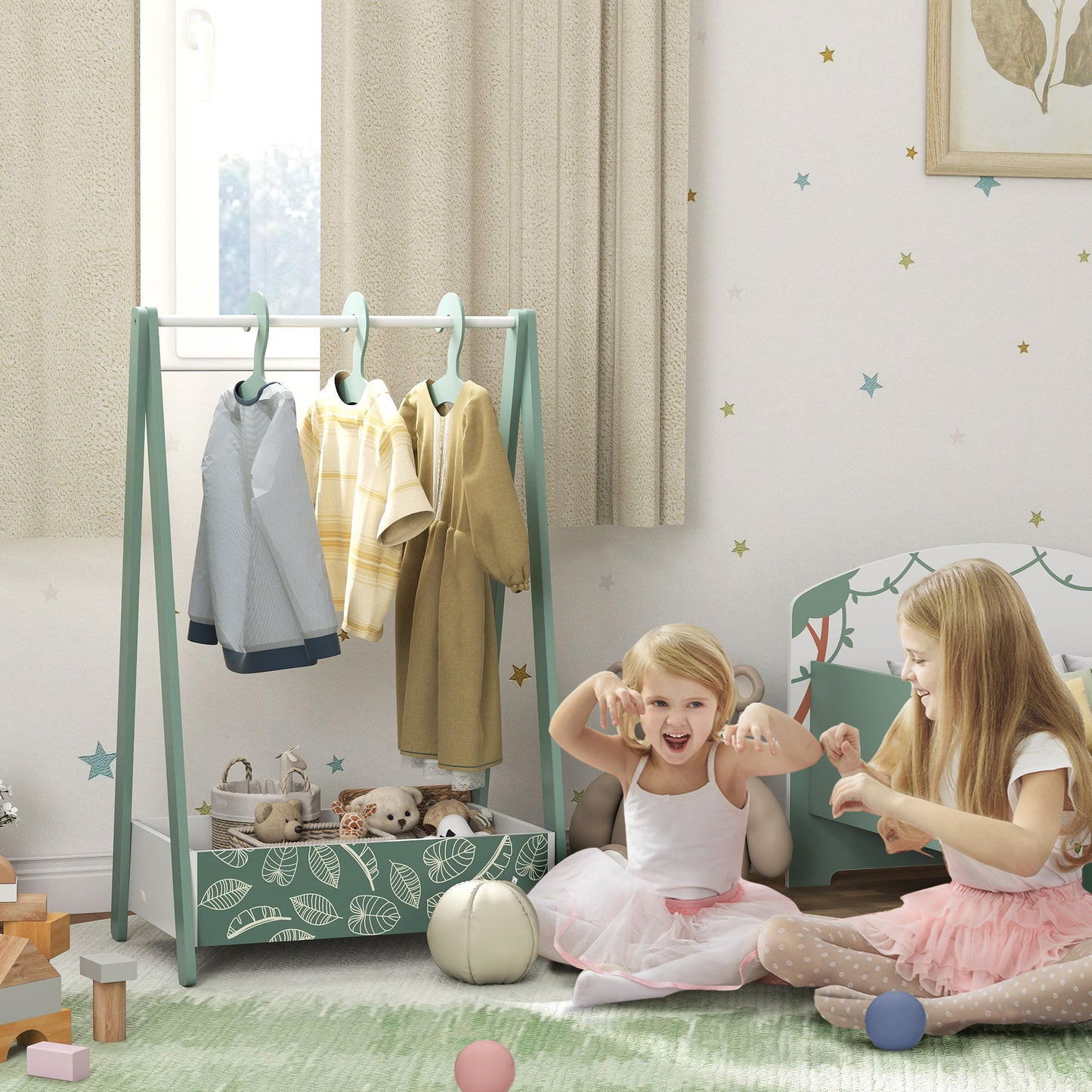 Baby Clothing Rack, Leaf Theme Kids Clothes Rail with Hangers, Storage Shelf for Bedroom, Toddler Dress Up Rail for Ages 3-6, Green