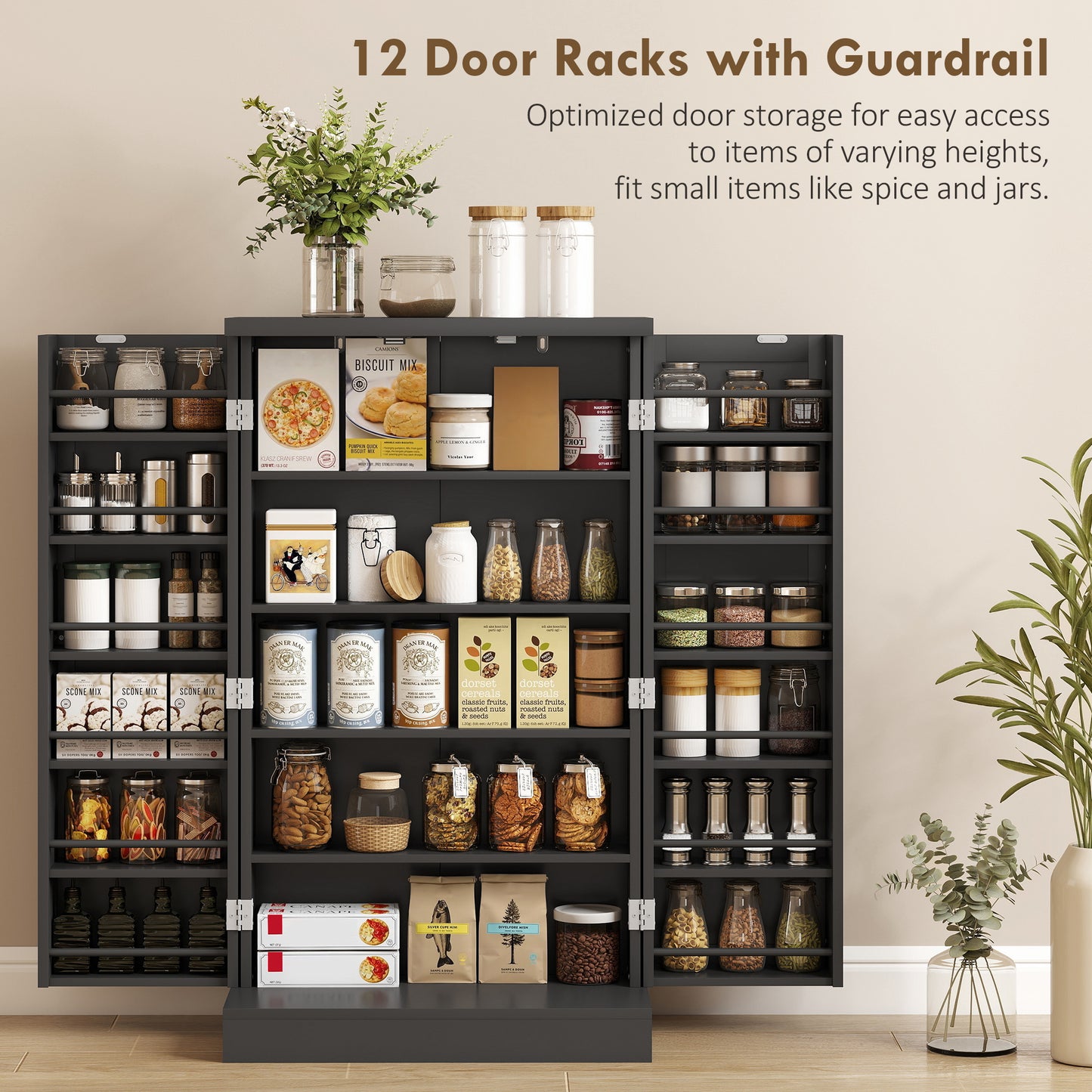Kitchen Cupboard w/ 5 Tiers, 12 Spice Racks, Kitchen Storage Cabinet