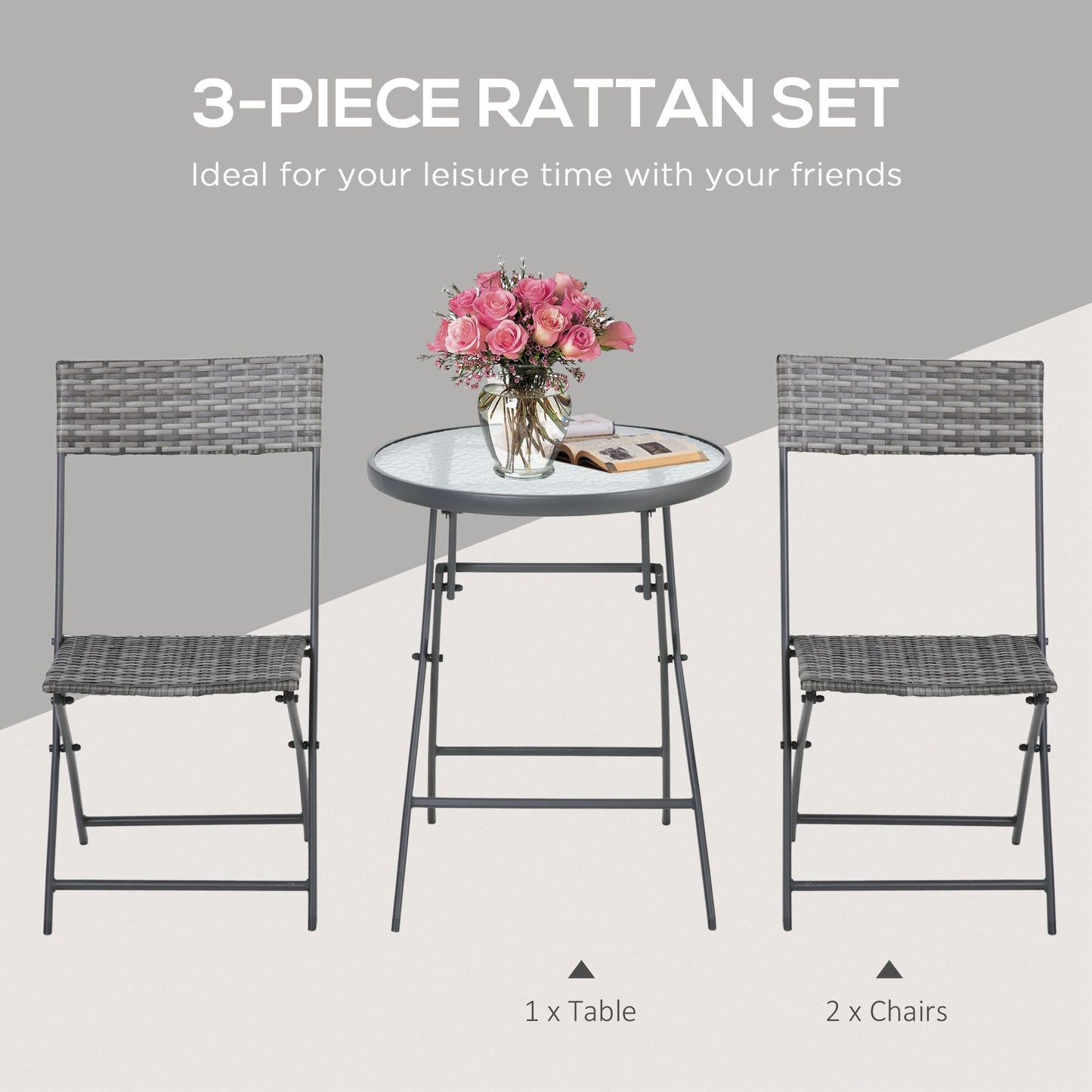 3 PCs Patio Wicker Bistro Set Foldable Table and Chair Set for Outdoor