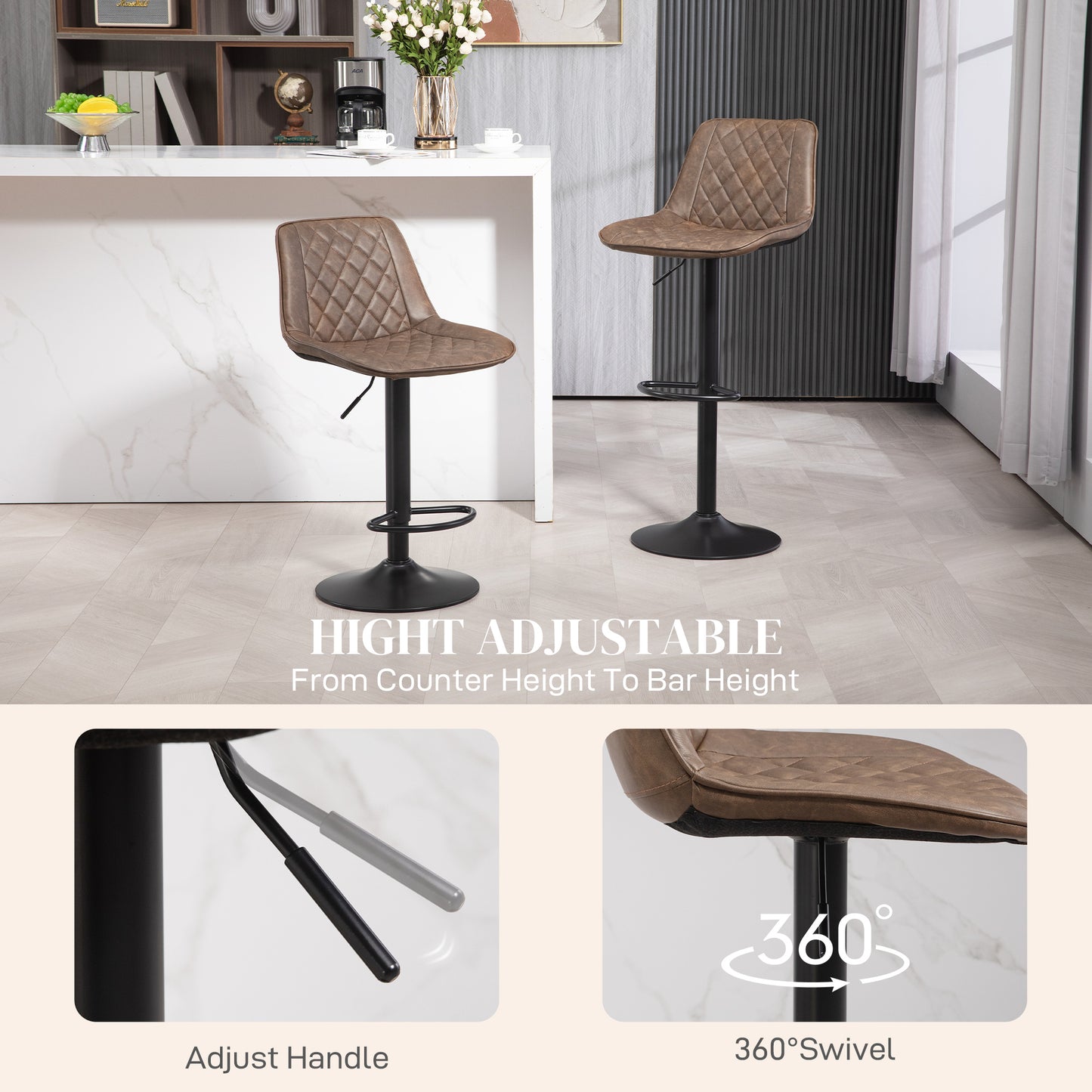 Bar Stools Set of 2, Adjustable Bar Chairs Swivel for Kitchen Brown
