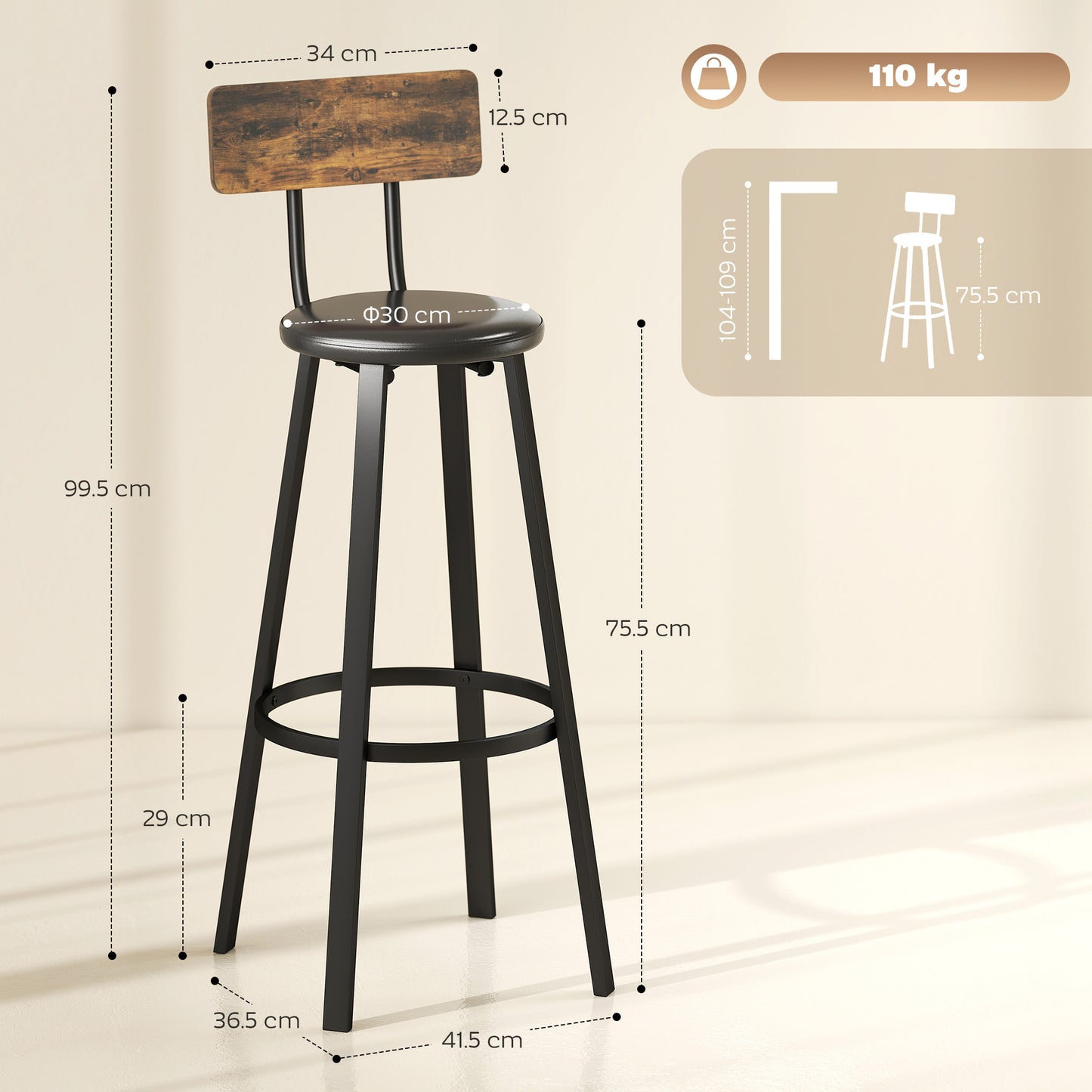 Barstools Set of 2 with Padded Seat Backrest Rustic Brown Black