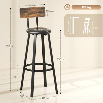 Barstools Set of 2 with Padded Seat Backrest Rustic Brown Black