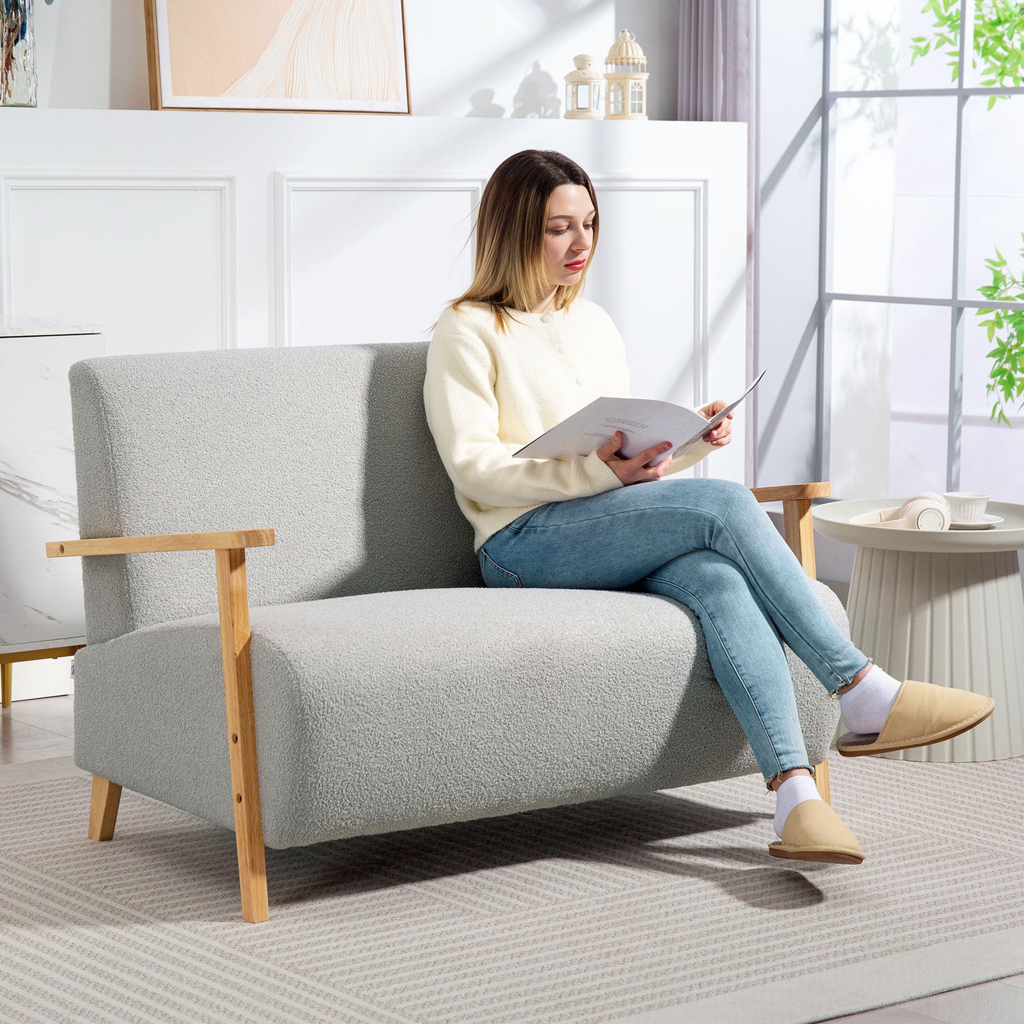 2 Seater Sofa, Fabric Modern Loveseat for Living Room, Grey