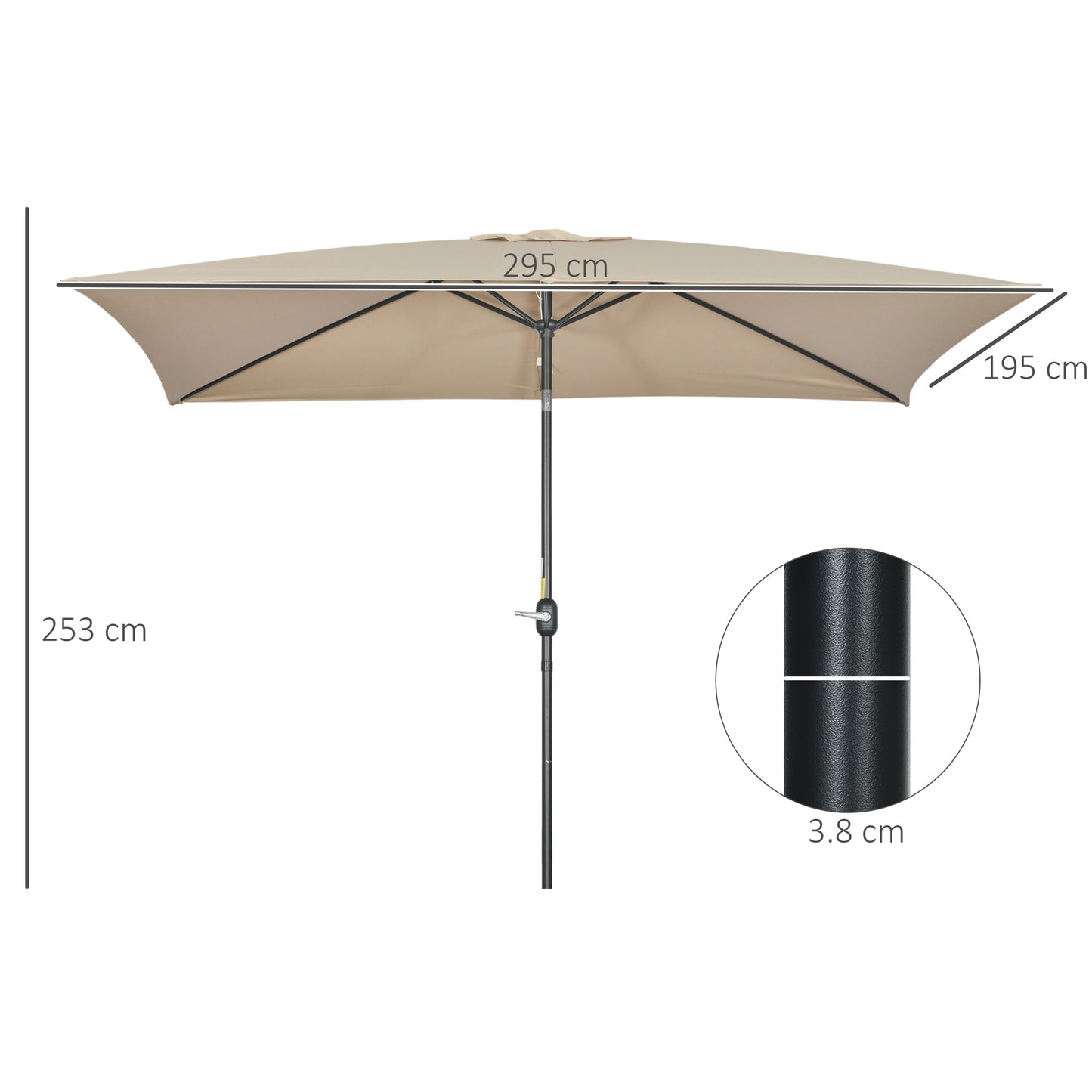 3x2m Patio Parasol Canopy Tilt Crank 6 Ribs Sun Shade Garden Khaki