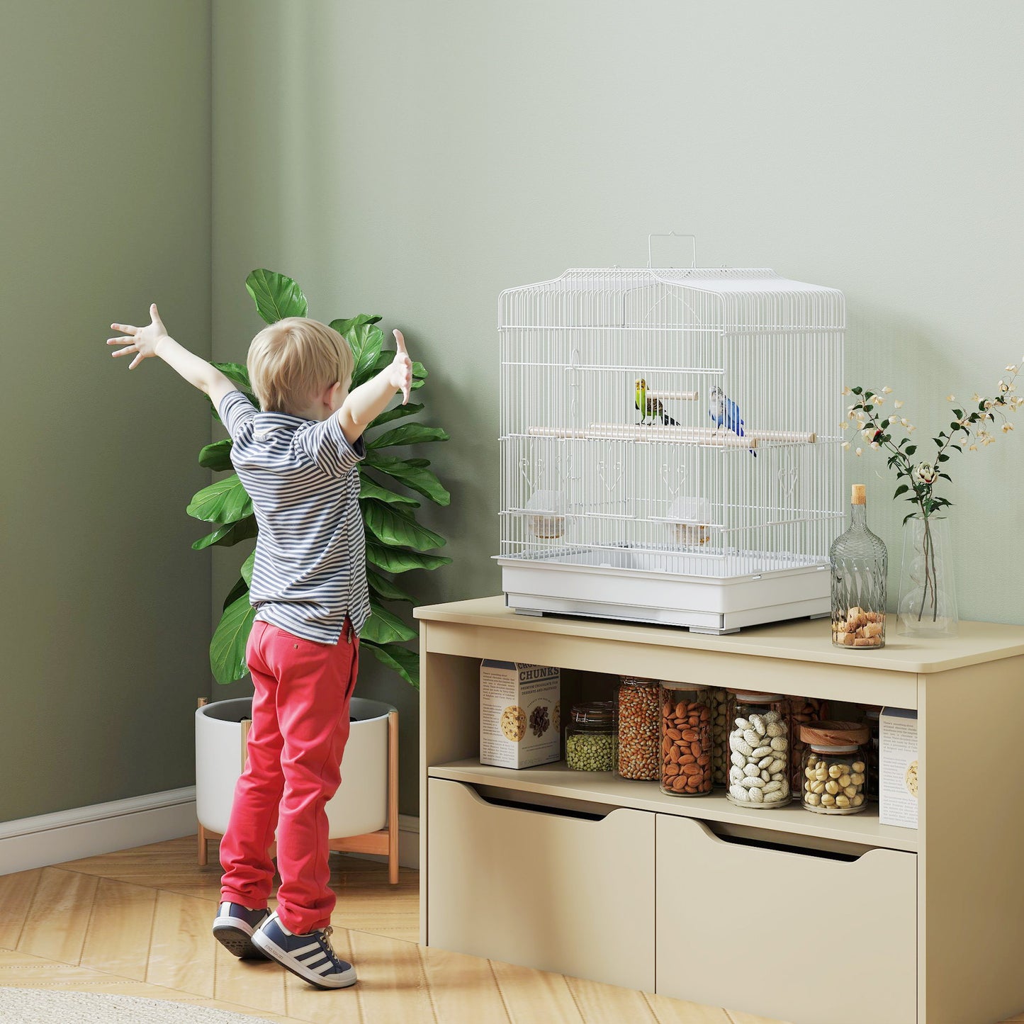 59cm Large Bird Cage with Perches, Food Bowls, Swing, White