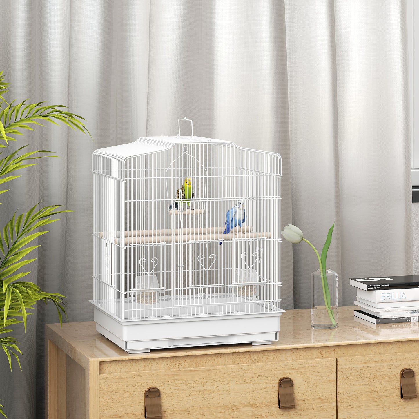 59cm Large Bird Cage with Perches, Food Bowls, Swing, White