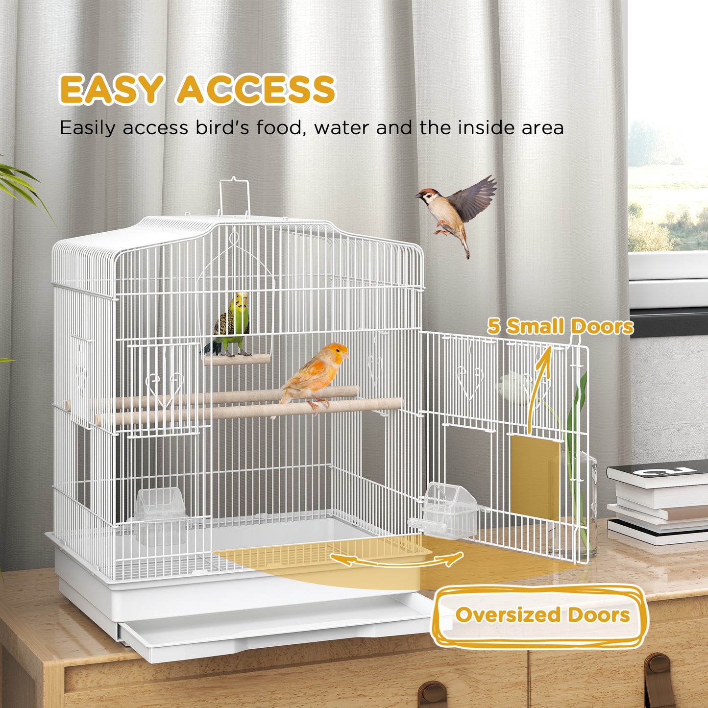 59cm Large Bird Cage with Perches, Food Bowls, Swing, White