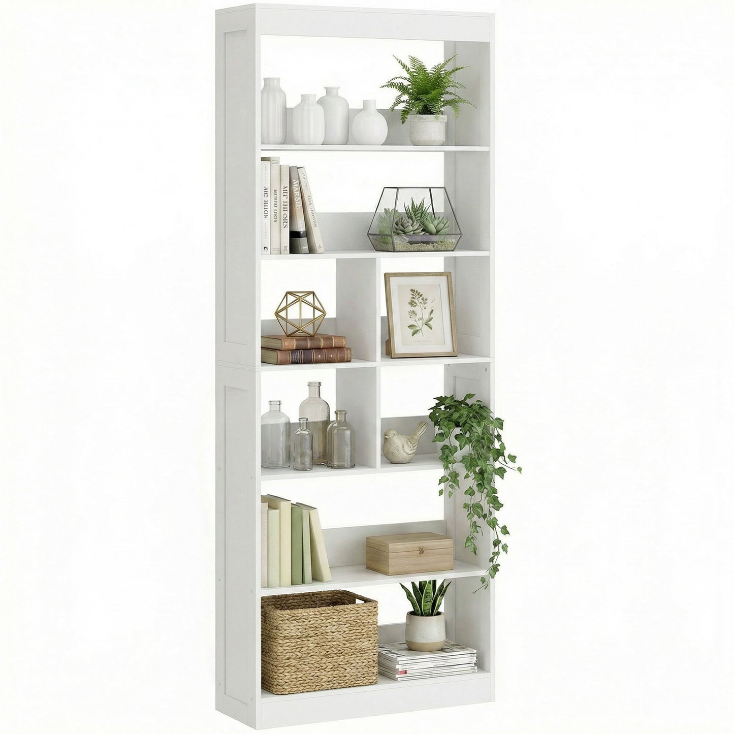 Bookcase, 6-Tier Bookshelf with 4 Open Storage Shelves, 4 Cubes, 68 x 24 x 180 cm Tall Display Shelf with Anti-Tipping Design for Living Room, Bedroom, Study, White