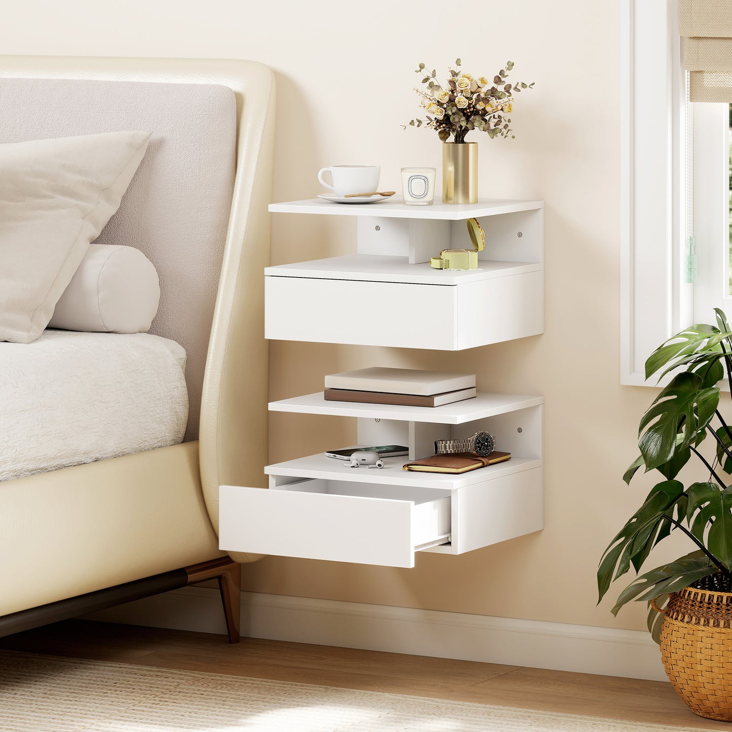 Modern Nightstand Set of 2, Wall Mounted Bedside Cabinet, White