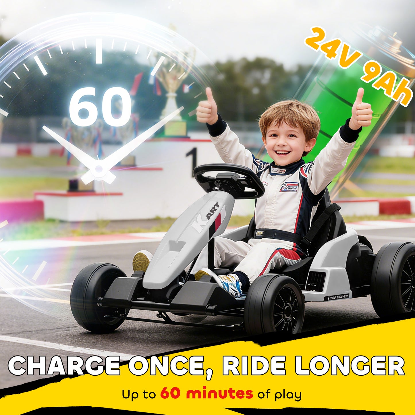 24V Electric Go Kart with Drift Mode, Adjustable Seat, White
