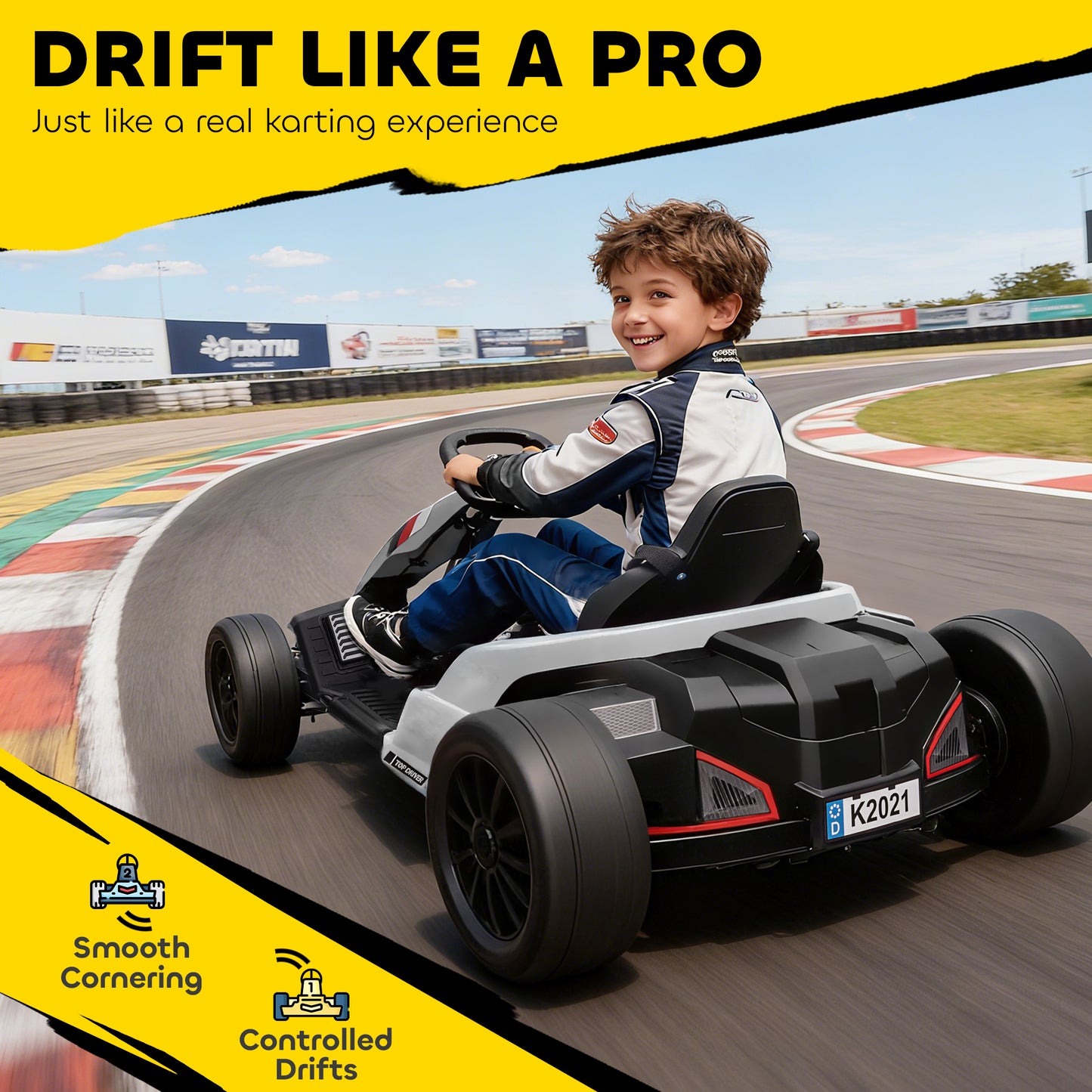 24V Electric Go Kart with Drift Mode, Adjustable Seat, White
