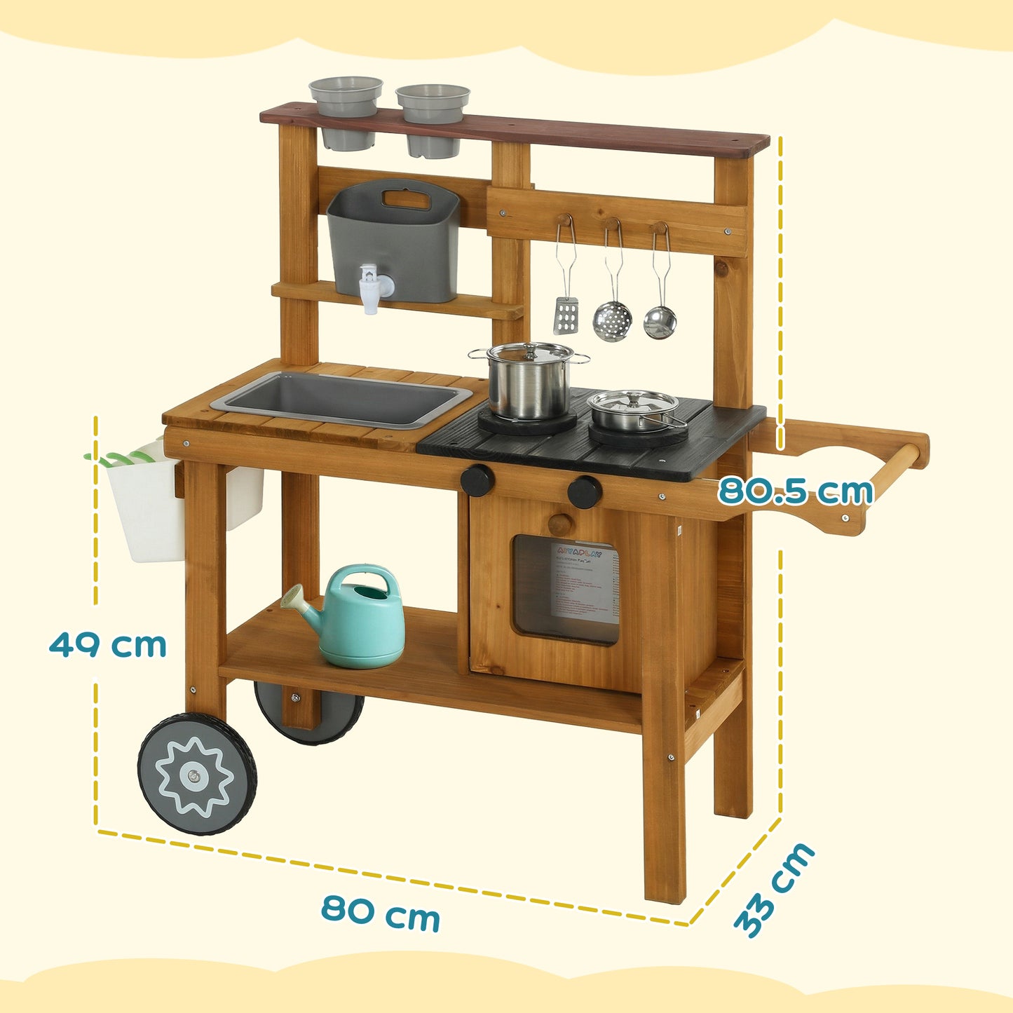 Wooden Mud Kitchen with Wheels, Stove, Stainless Steel Accessories