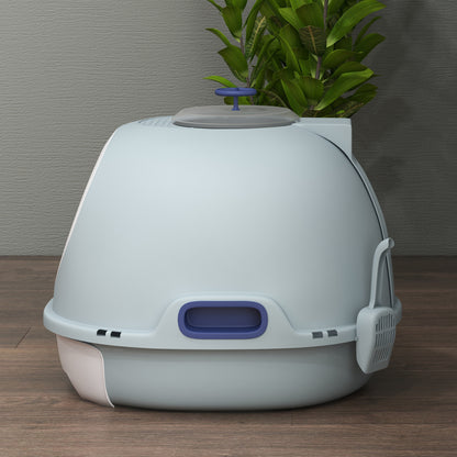 Cat Litter Box Toilet With Litter Scoop Enclosed Drawer Skylight Easy To Clean Blue