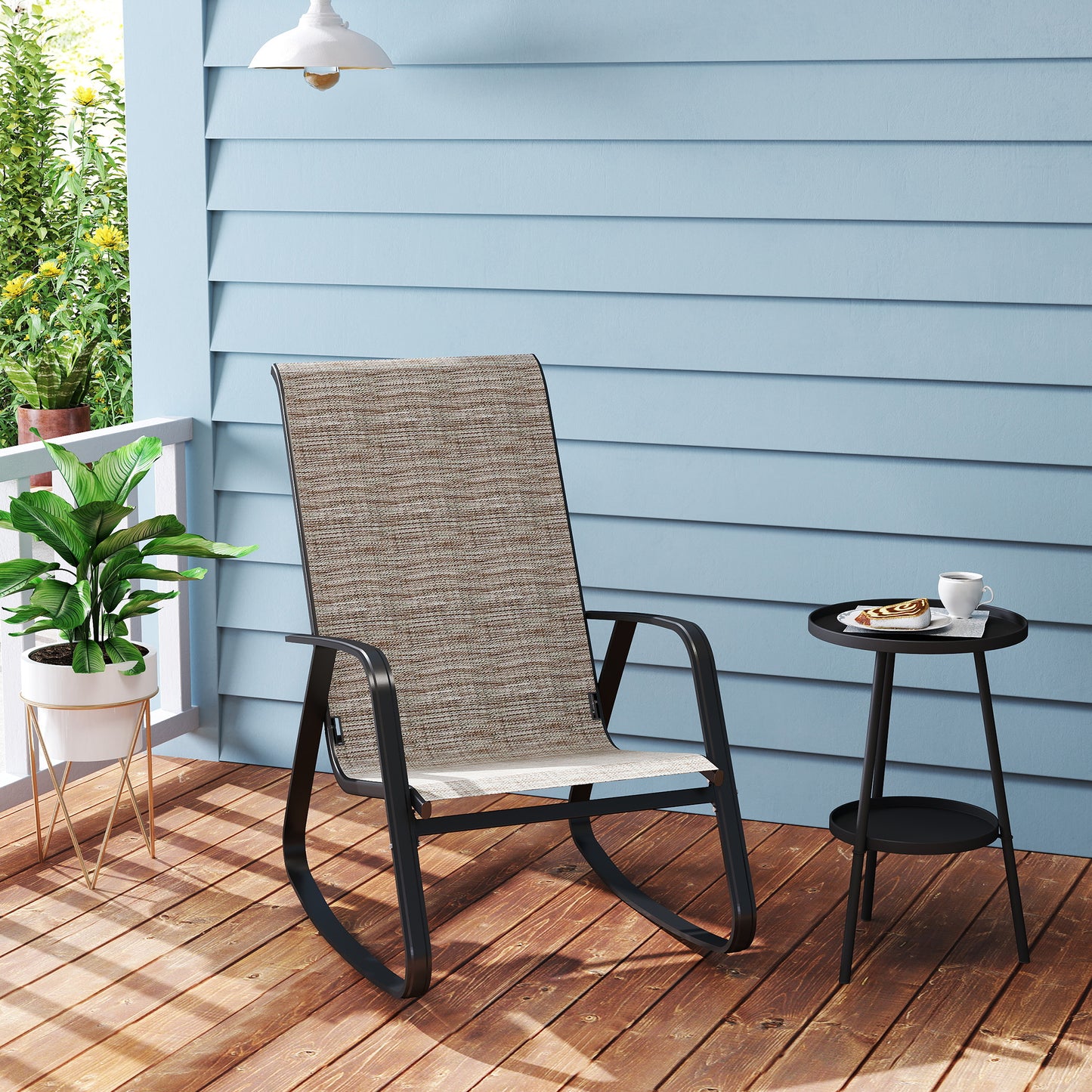Garden Rocking Chair with Armrests, High Back, Light Brown