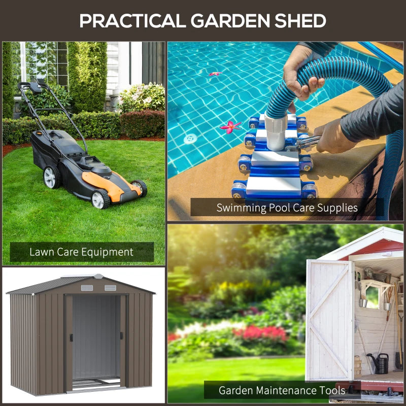 7 x 4ft Garden Metal Storage Shed with Ventilation Slots, Floor Foundation and Lockable Double Doors, Brown