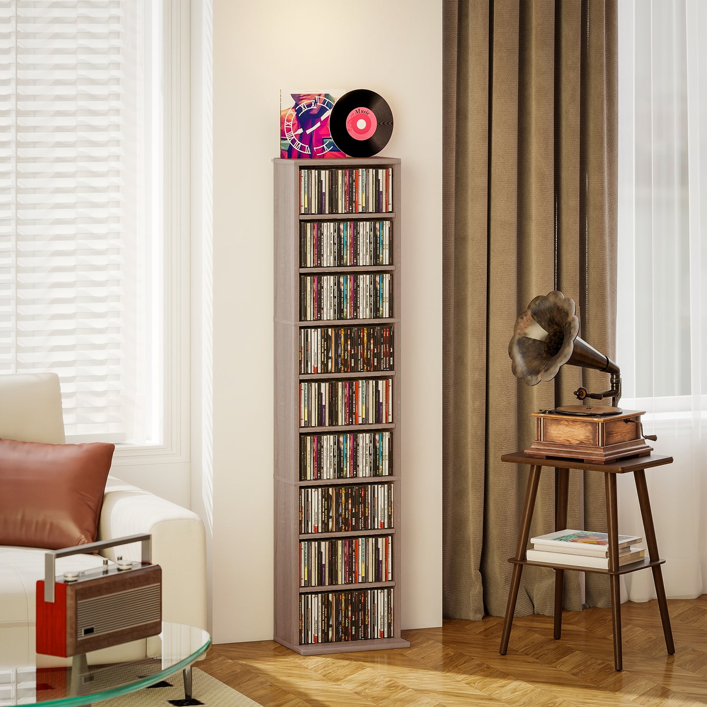 260 CD Storage Unit 120 DVD Storage Tower with 9 Compartments Natural