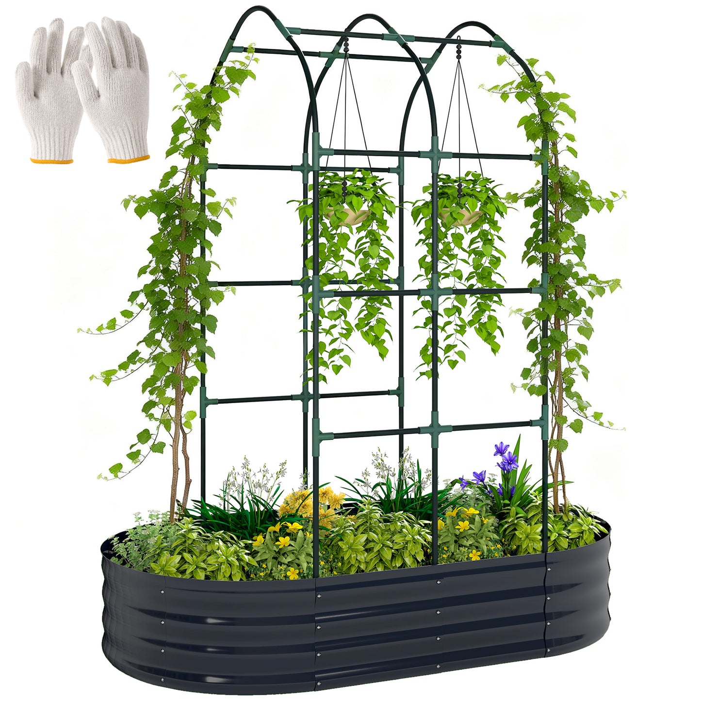 5 x 3 x 6ft Galvanised Raised Garden Bed with Trellis, Dark Grey