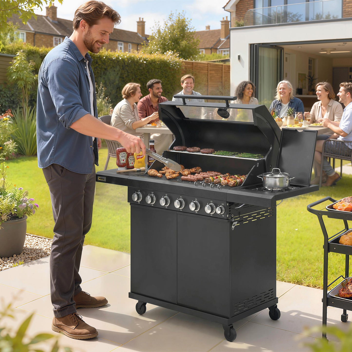 6+1 Burner Gas BBQ Grill, Barbecue Grill with Warming Rack, Black