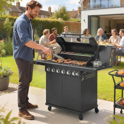 6+1 Burner Gas BBQ Grill, Barbecue Grill with Warming Rack, Black