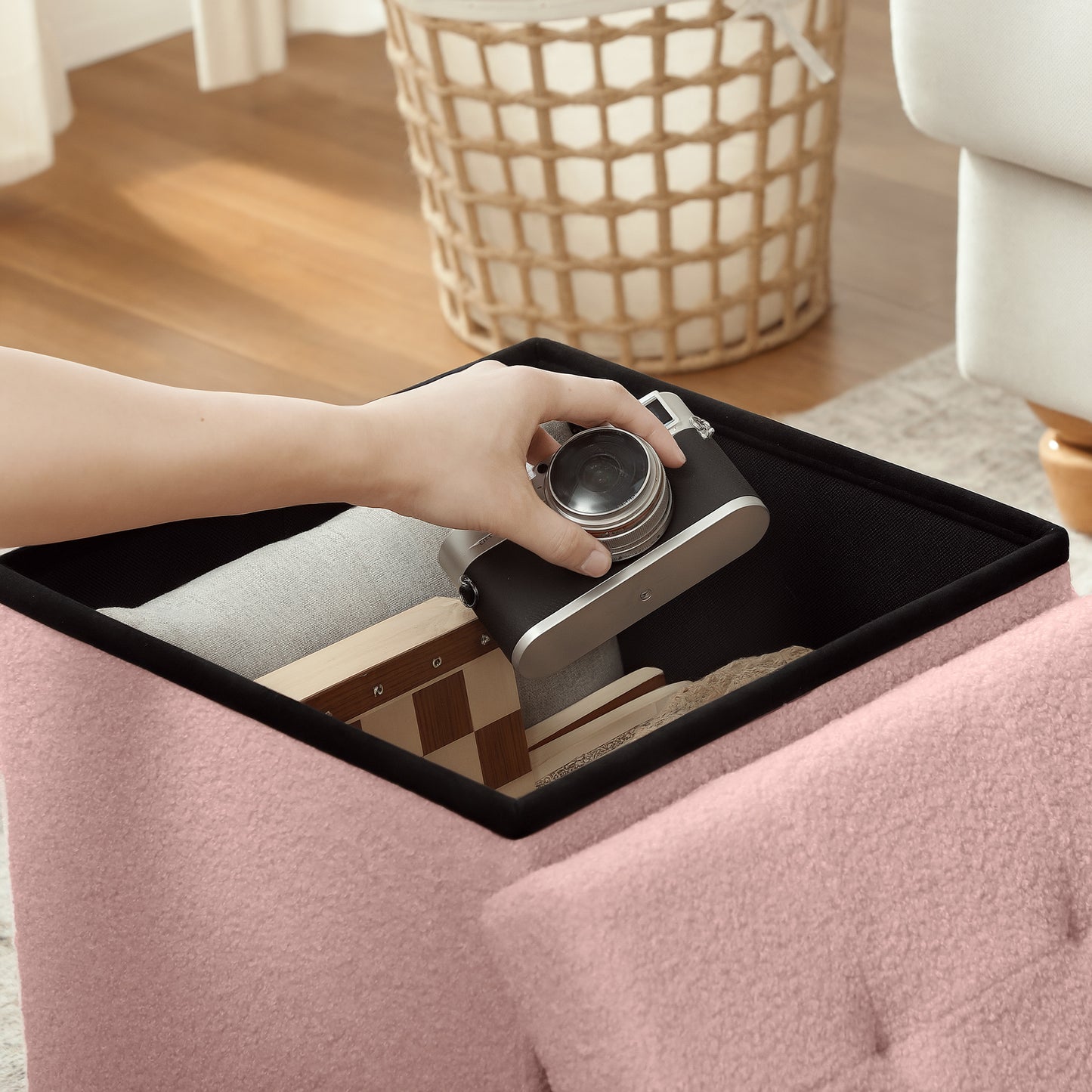 Foldable Sherpa Fleece Storage Ottoman, 38 x 38 x 38 cm, Pink