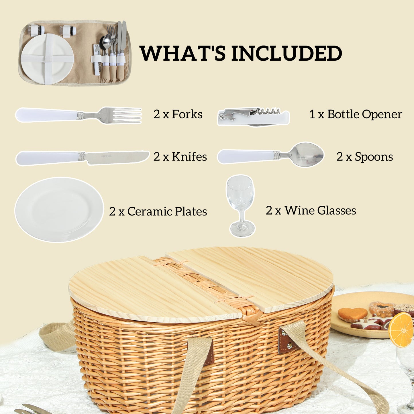 Wicker Picnic Basket for 2 with Pine Wood Lid, Light Brown