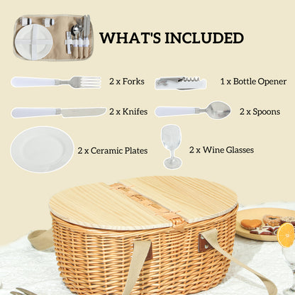 Wicker Picnic Basket for 2 with Pine Wood Lid, Light Brown