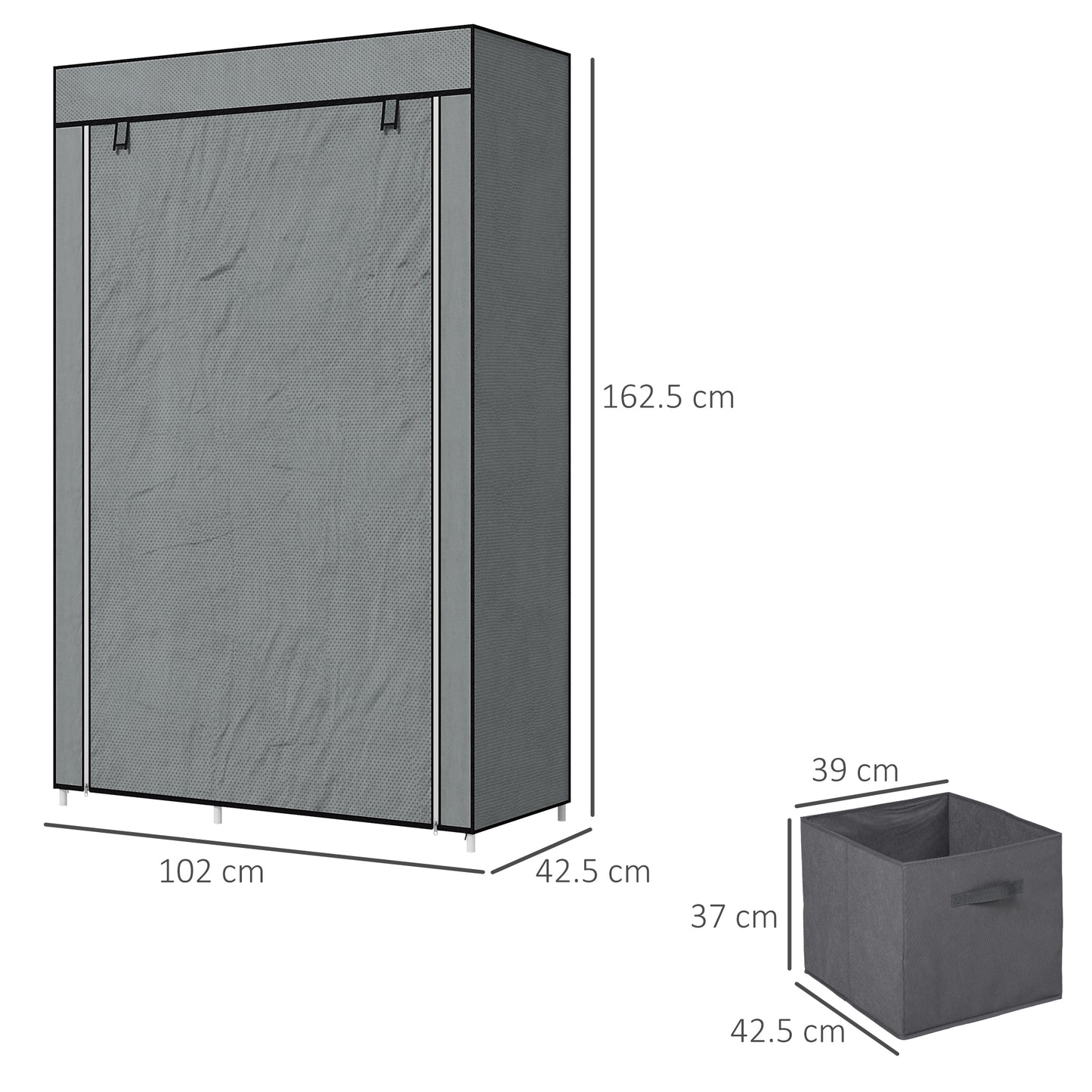 Fabric Portable Wardrobe with 2 Fabric Drawers, Hanging Rail, Grey