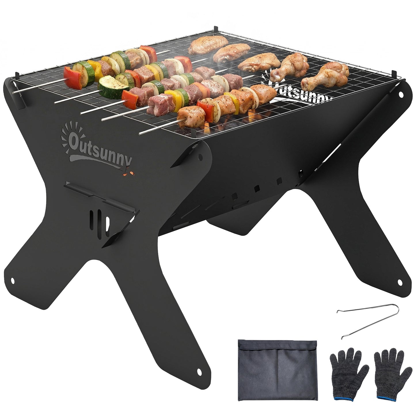 2-In-1 Portable BBQ Grill and Camping Fire Pit with Gloves