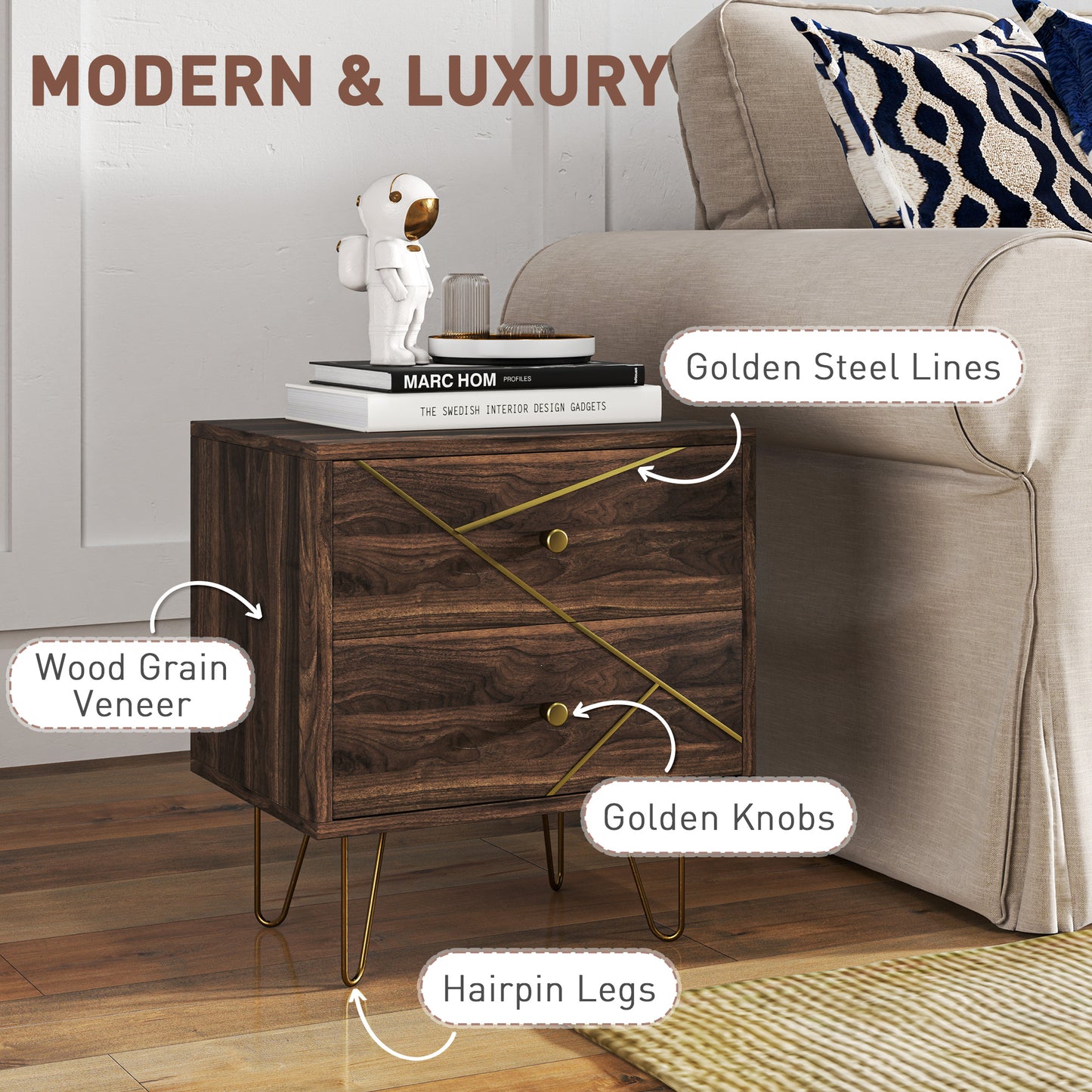 Bedside Tables Set of 2, Modern Side Table Set with 2 Drawers, Brown