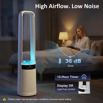 Bladeless Tower Fan with 45° Oscillating, LED Lights, 3 Speeds, White