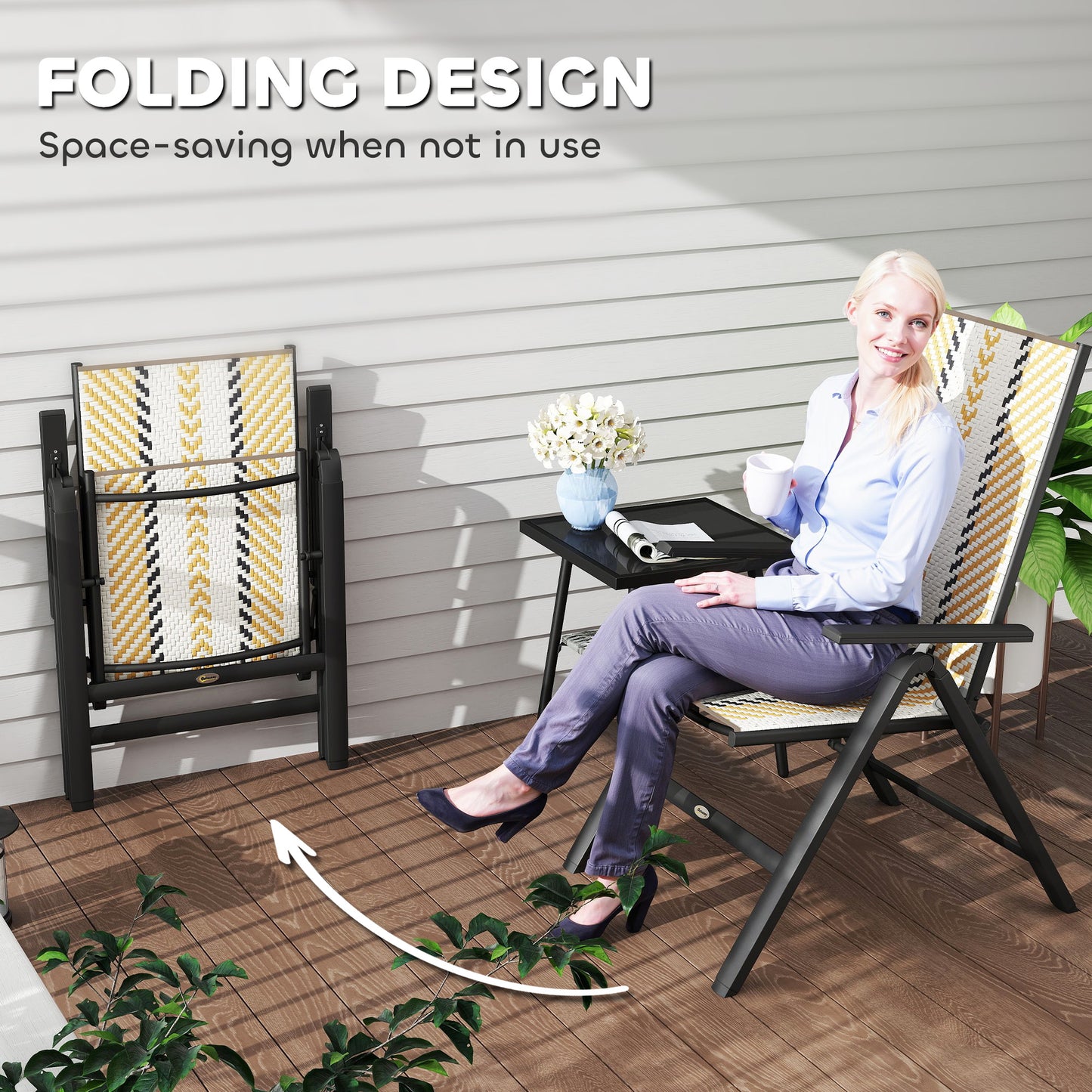 2PCs Rattan Folding Chair w/ 5-Position Adjustable Backrest, Orange