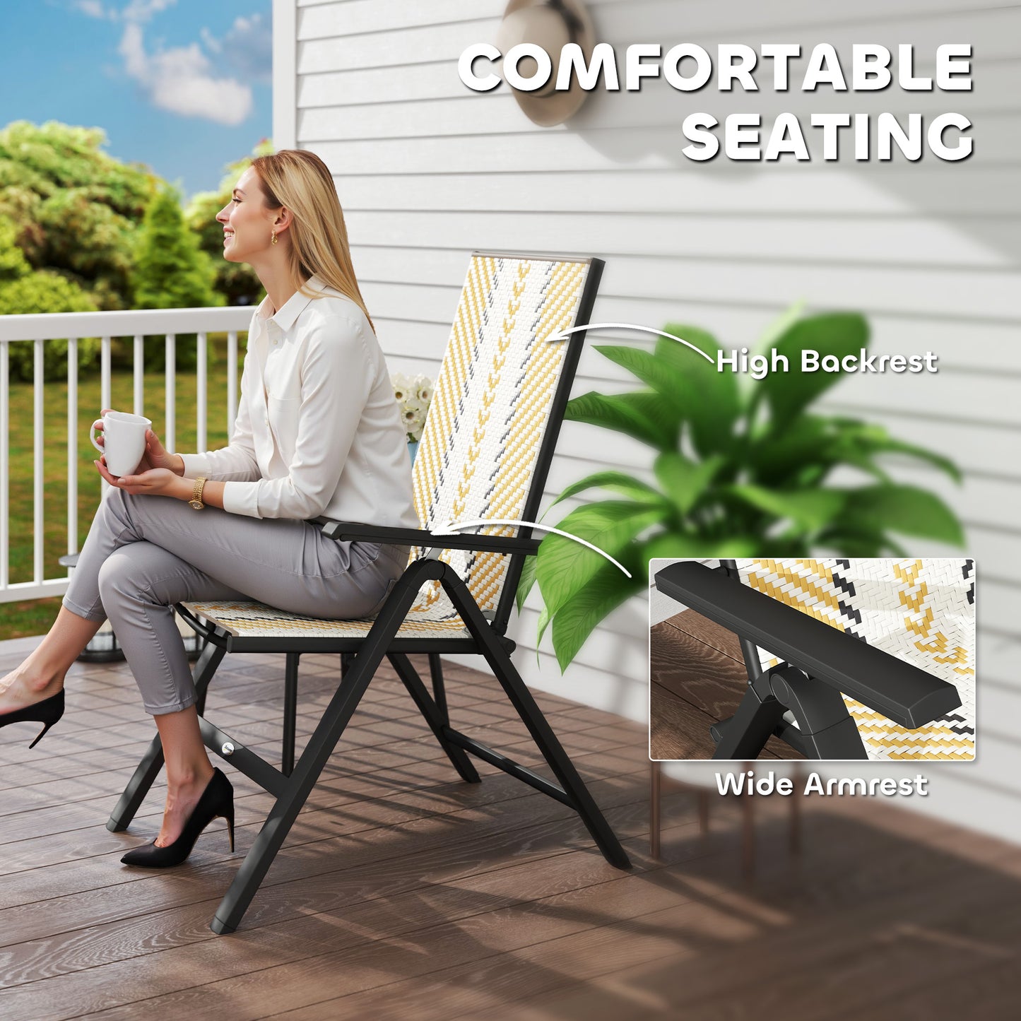 2PCs Rattan Folding Chair w/ 5-Position Adjustable Backrest, Orange