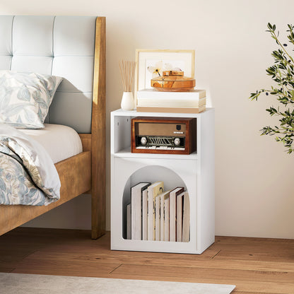 Bedside Table, Modern Bedside Cabinet with 2 Open Compartments and Unique Arch Design, Side Table for Living Room, Bedroom, White